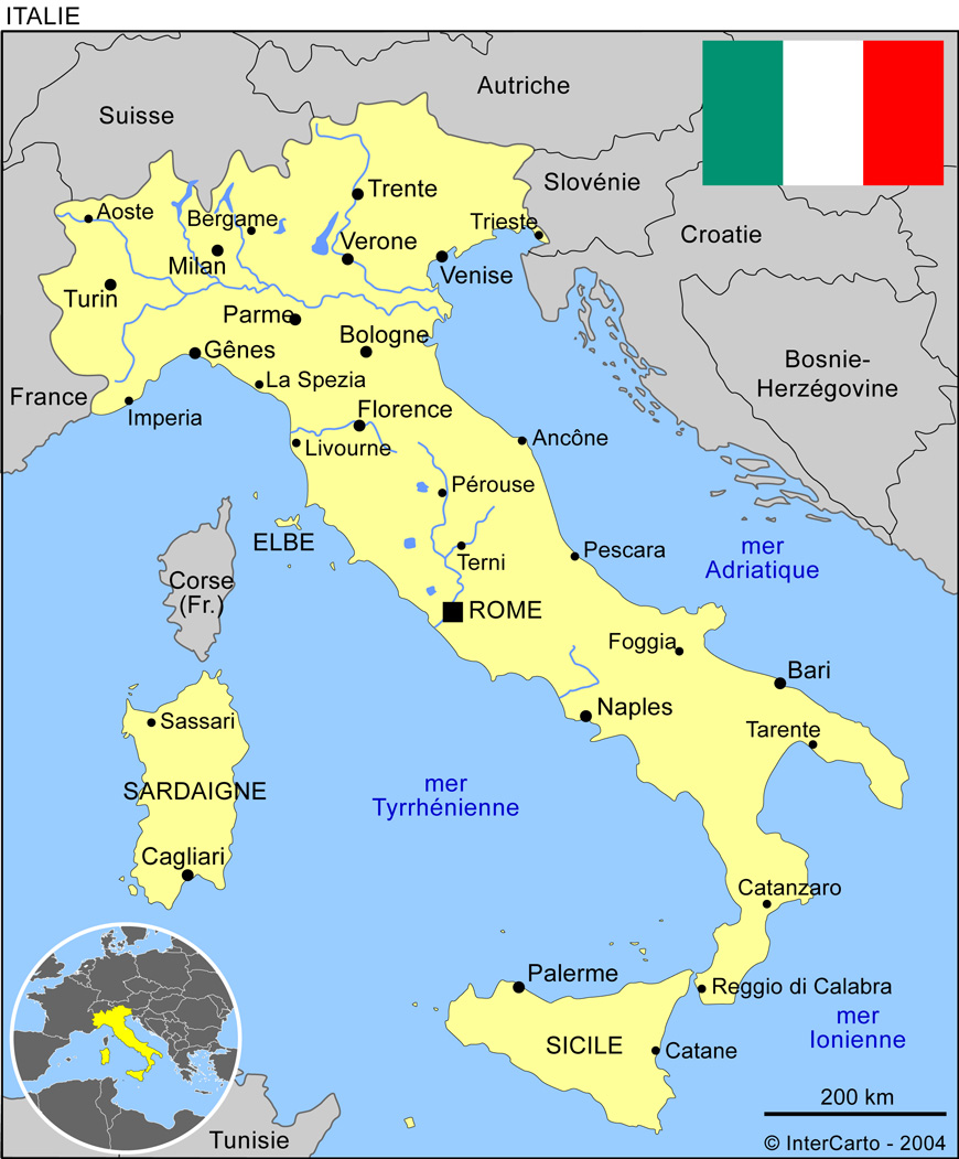 Carte géographique et touristique de l'Italie, Rome. Géographie de l'Italie